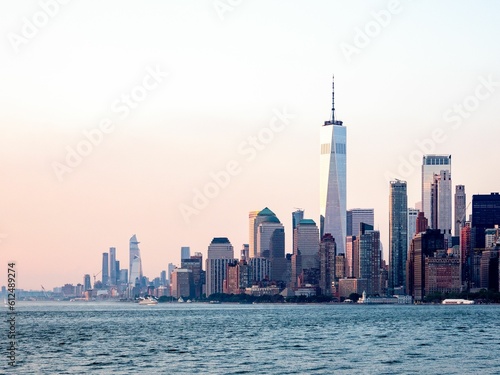 Aerial skyline of Manhattan in New York City  United States during pink sunset
