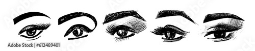 eye logos are drawn by hand. makeup set of outline icons. ophthalmology, vision