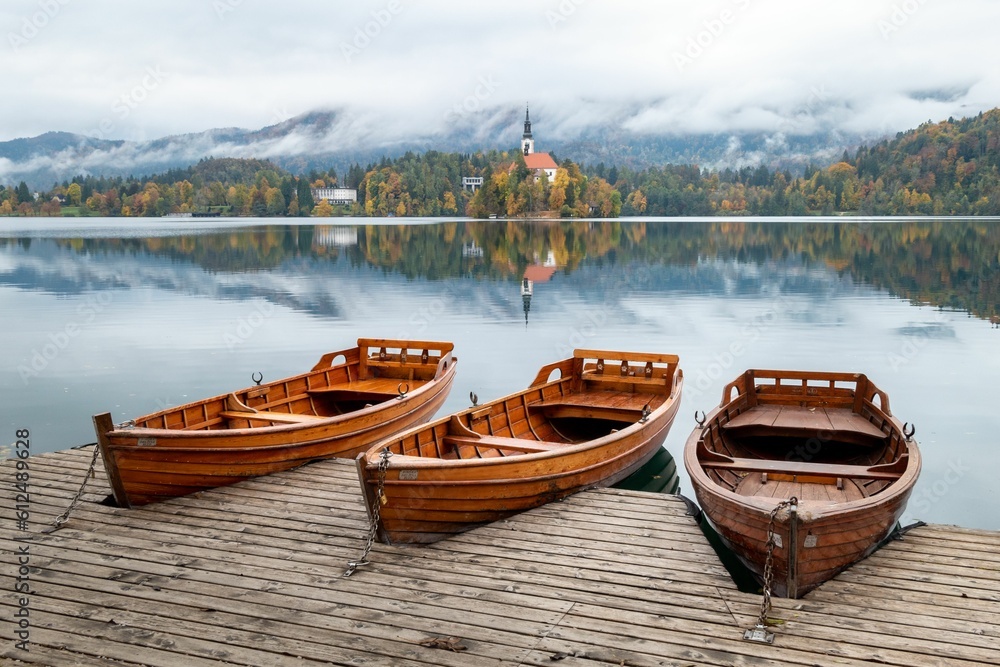 Moored boats with a view of Bled Castle in the background, Slovenia