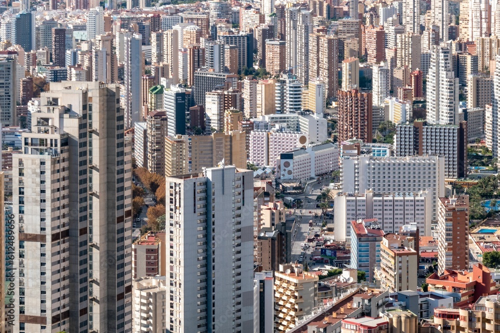 Cityscape of Benidorm with multiple skyscrapers, Spain