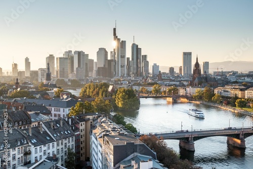 View of morning skyline and modern buildings in Frankfurt, Germany