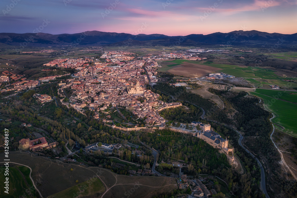 Aerial view of Segovia city skyline at dusk, Spain