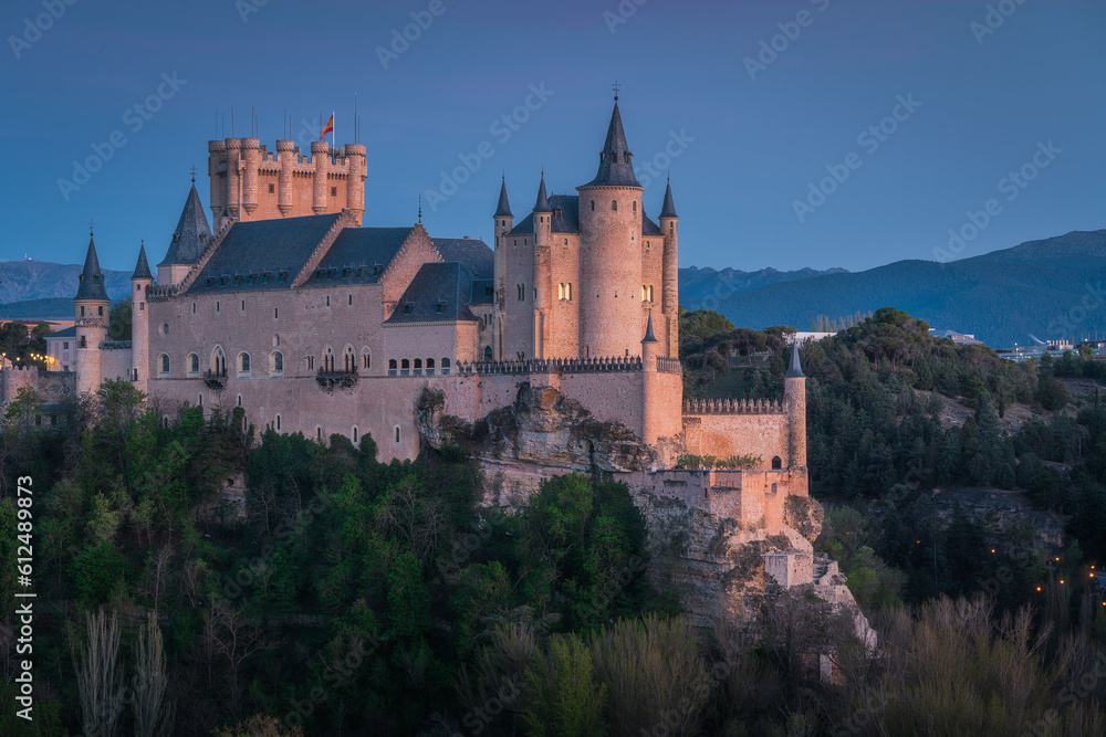 Distant view of the Segovia castle at dusk, Spain