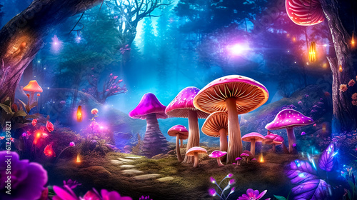 fairytale magical night glowing forest with mushrooms, made with Generative AI