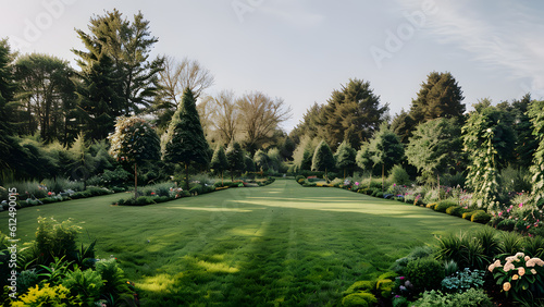 Assortment beautiful plants flowers and green field in the garden for background