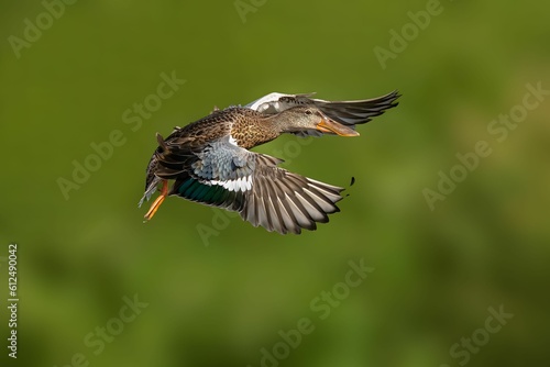 Shoveler duck flying in blurred background