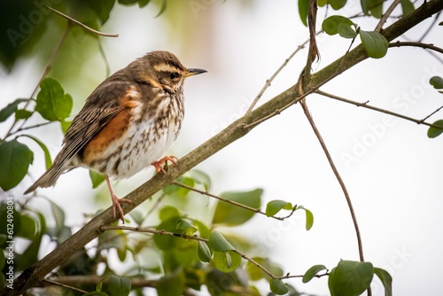 Closeup of a small redwing (Turdus iliacus) resting on the tree branch on the blurred background photo