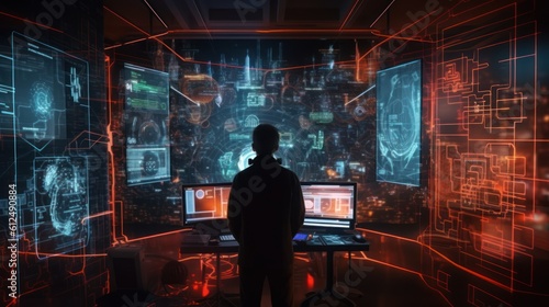 Illustrate a skilled hacker navigating a virtual reality interface