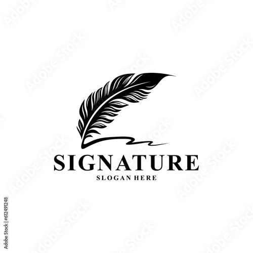 Quill Feather Pen, Vektor desain logo Tulisan Tangan Minimalis. Feather quill pen signature logo design vector.