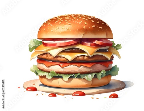 Big Burger on White Background, Hamburger Savor the Flavor, Illustration of a Mouthwatering Burger, Watercolor Style
