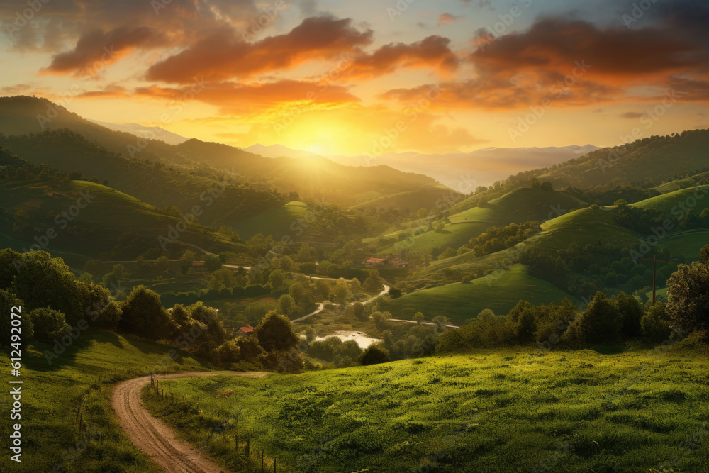 A breathtaking landscape capturing the essence of a vibrant sunrise over rolling hills. Generative AI  