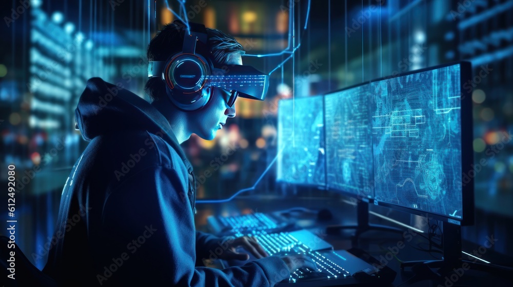 Illustrate a skilled hacker navigating a virtual reality interface Illustrate a skilled hacker navigating a virtual reality interface