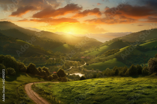 A breathtaking landscape capturing the essence of a vibrant sunrise over rolling hills. Generative AI   © Landscape Planet