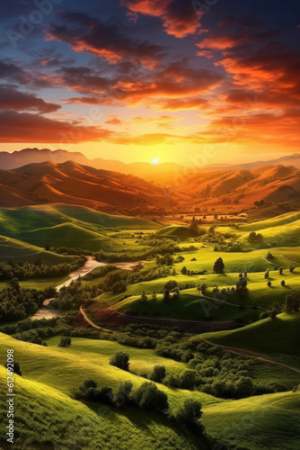 Nature's canvas comes alive as a vibrant sunrise illuminates the rolling hills, immersing the landscape in a breathtaking tapestry of colors. Generative AI   © Landscape Planet