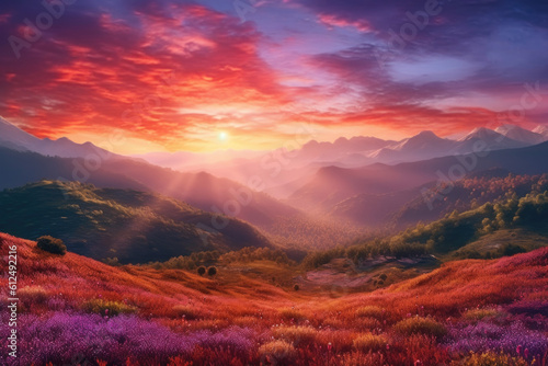 Nature's canvas comes alive as a vibrant sunrise illuminates the rolling hills, immersing the landscape in a breathtaking tapestry of colors. Generative AI  