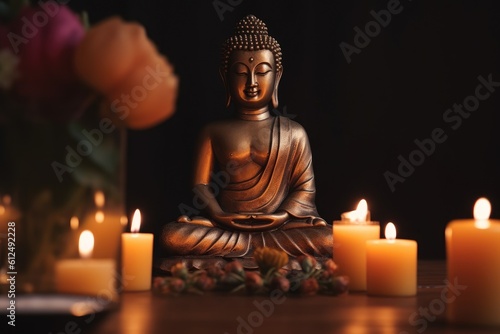 Buddha statue in meditation with flowers and lit candles.