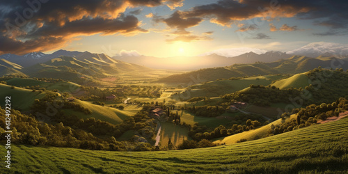 Witness the captivating beauty of a vibrant sunrise casting its golden glow upon the rolling hills, creating a landscape that stirs the soul. Generative AI 