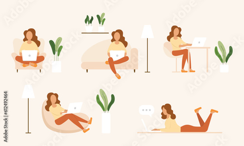 Set vector flat illustration. Working from home. Design concept of working business online. Flat vector work from home concept and business. Vector EPS 10