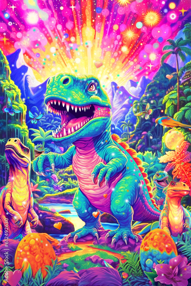 Fototapeta premium Colorful Fantasy Dinosaur Valley Illustration, Dinosaurs in a Fairytale multicolor Landscape, Generative AI