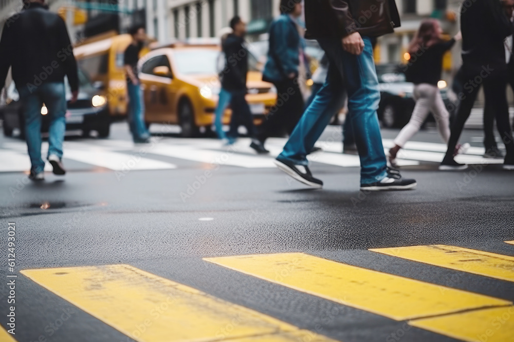 People legs crossing the pedestrian crossing in New York city People legs crossing the pedestrian crossing in New York city