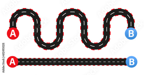 The concept of a plan with an easy route A, a difficult option B and a real life way. Expectation and reality. Vector map of isolated straight path and difficult tangled road. Vector illustration