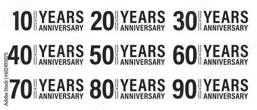 Anniversary icon set. Anniversary symbols isolated on white background. 10,20,30,40,50,60,70,80,90 years old. Template for postcards and congratulations. Vector illustration