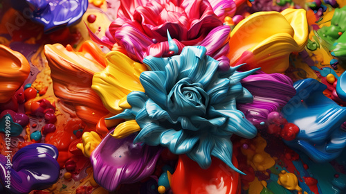 Beautiful abstraction of their bright mixed colors of paints forming flowers.