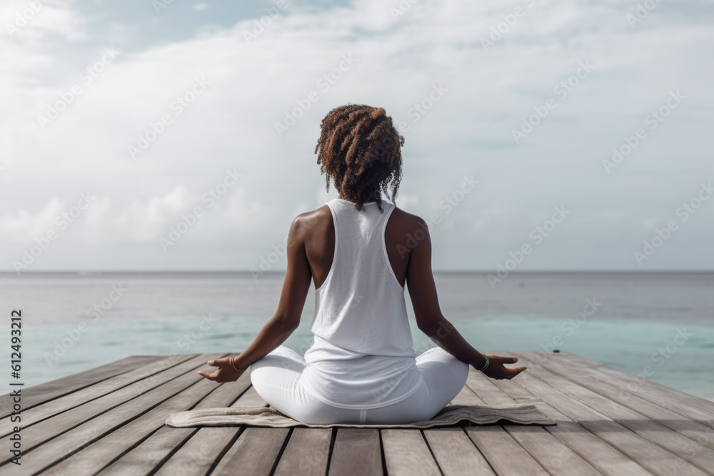 Beautiful young black woman sitting on the dock and meditate
