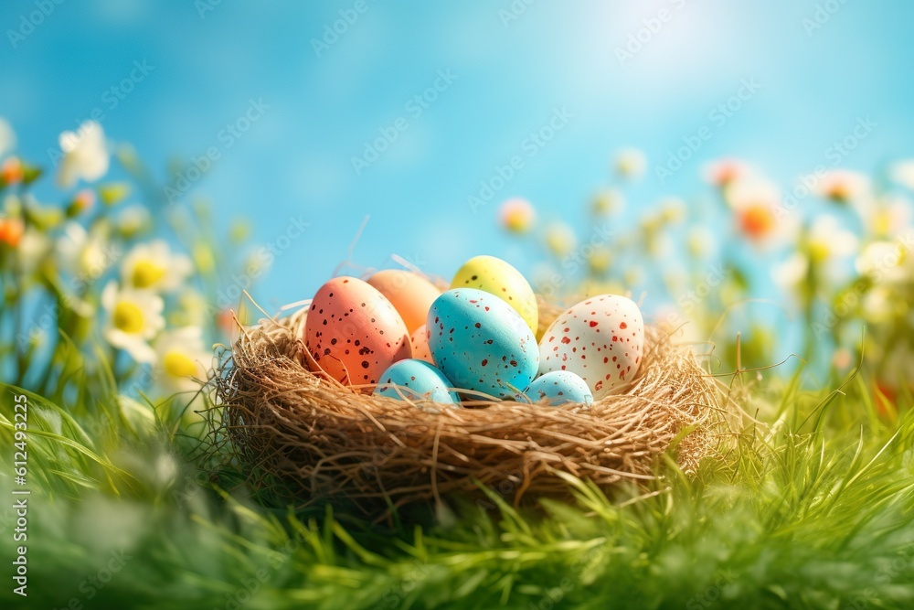 Nest with easter eggs in grass on a sunny spring day - Easter decoration, banner, panorama, background | Generative AI Nest with easter eggs in grass on a sunny spring day - Easter decoration, banner, panorama, background | Generative AI