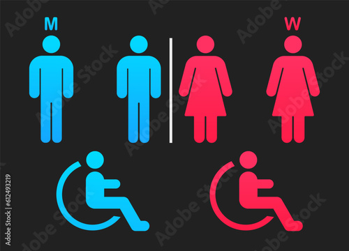 Toilet sign. Vector men and women WC. Minimalist restroom area. Toilet door plate icons set. Men and women WC sign for restroom. Bathroom plate. Vector illustration