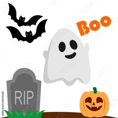 Ghost, pumpkin and other halloween paraphernalia isolated on a white background