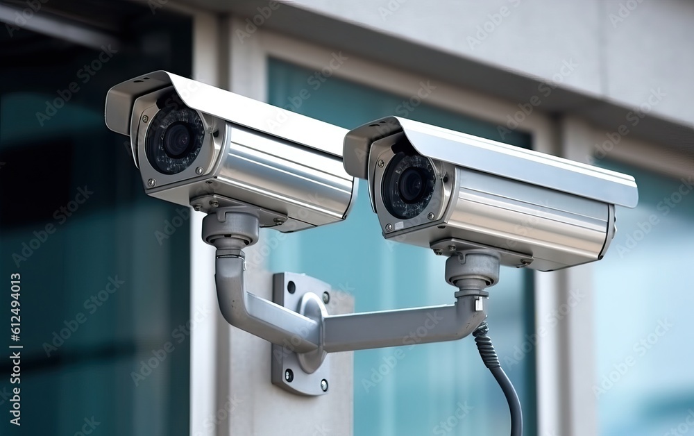 Security cameras installed on a building, generative ai Security cameras installed on a building, generative ai
