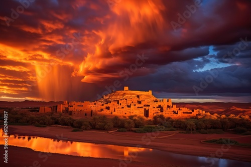 Sunset in the golden city of Ait Benhaddou, generative ai