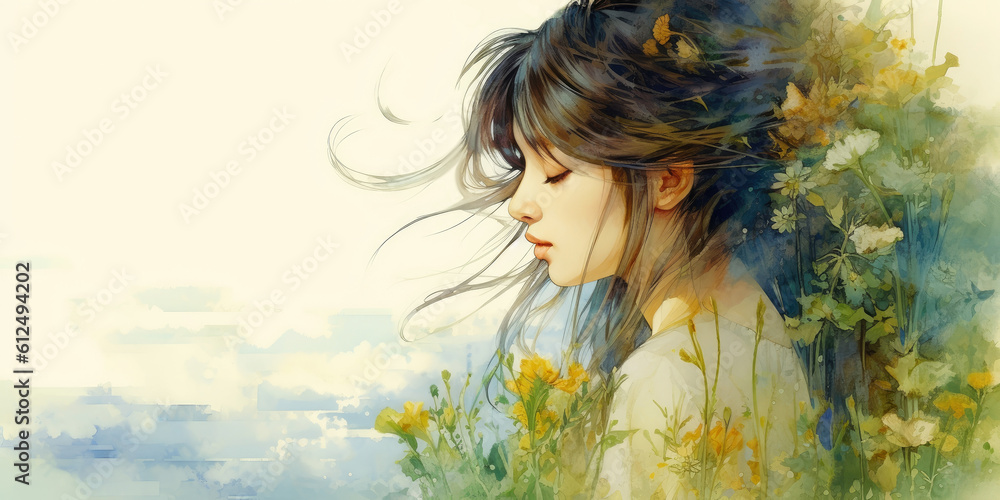 Naklejka premium Watercolor young woman with flowers portrait art. Colorful creative watercolor illustration. Generative Ai