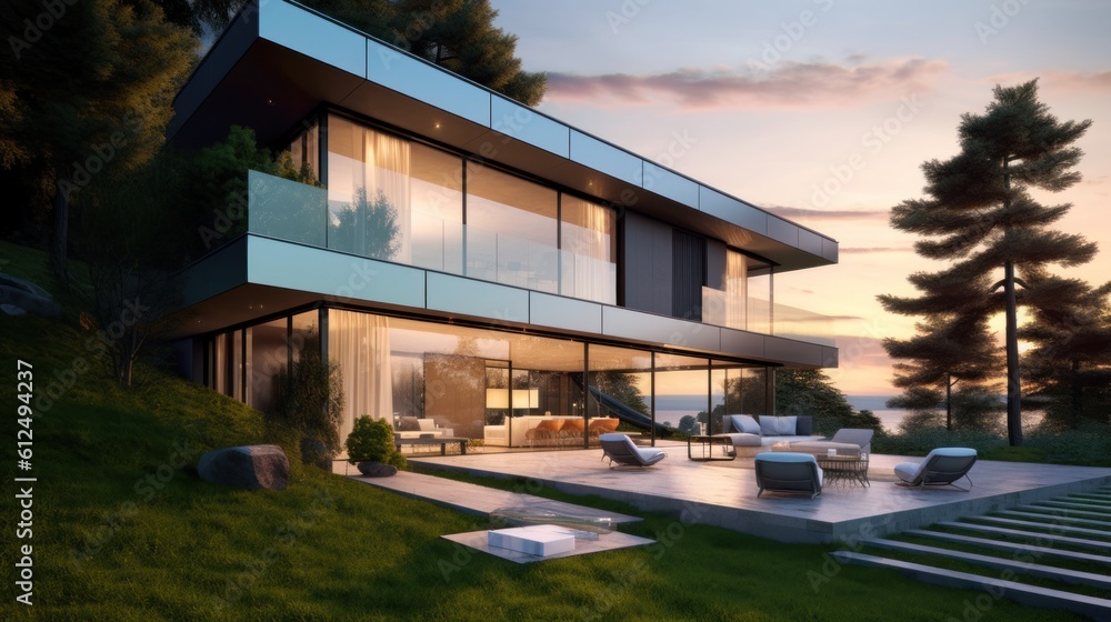 Sleek and contemporary villa in Milan or the Italian Riviera, boasting minimalist design, floor - to - ceiling windows, and seamless indoor - outdoor living spaces