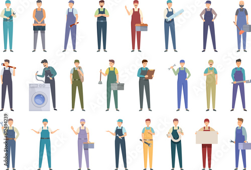 Plumber icons set cartoon vector. Repair service. Man house