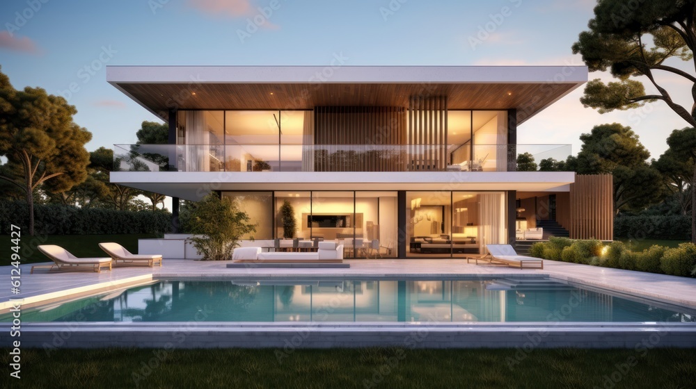 Fototapeta premium Sleek and contemporary villa in Milan or the Italian Riviera, boasting minimalist design, floor - to - ceiling windows, and seamless indoor - outdoor living spaces