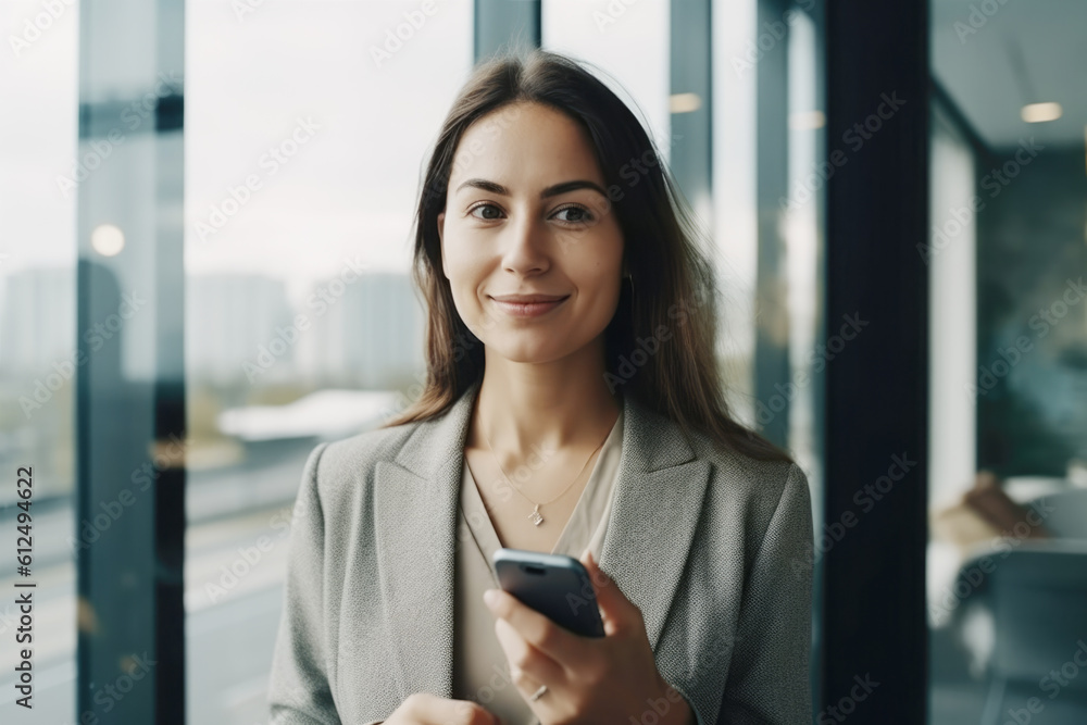 Portrait of a pretty young business woman using smarthphone in her office