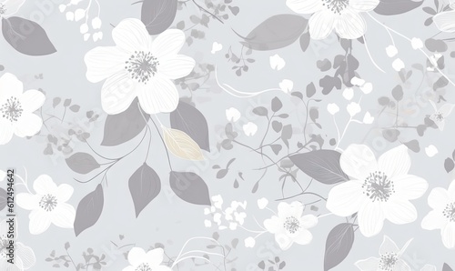  a gray and white floral wallpaper with leaves and flowers on it's sides and a gray background with white flowers and leaves on it's sides. generative ai
