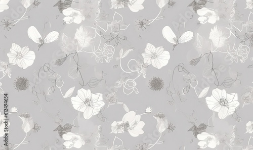  a gray and white floral wallpaper with white flowers on a gray background with a white outline of leaves and flowers on a gray background. generative ai
