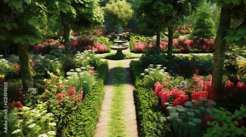 a beautiful garden with majestic style, old century, ai generated image