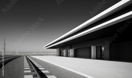  a black and white photo of a train track and a building with lights on it and a sky line in the background with a train on the left. generative ai