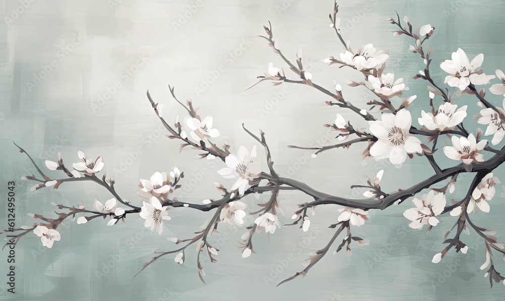  a painting of a branch with white flowers on a gray background with a blue sky in the back ground and a light blue sky in the background.  generative ai