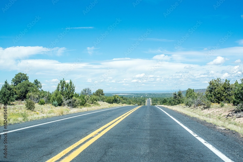 Straight asphalt road with a cloudy blue sky on the horizon