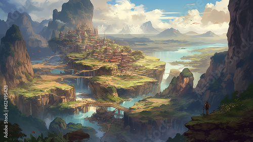 a fantasy fairytale landscape with a lot of waterfalls, concept art, ai generated image © Sternfahrer