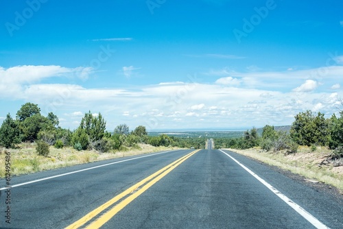 Straight asphalt road with a cloudy blue sky on the horizon
