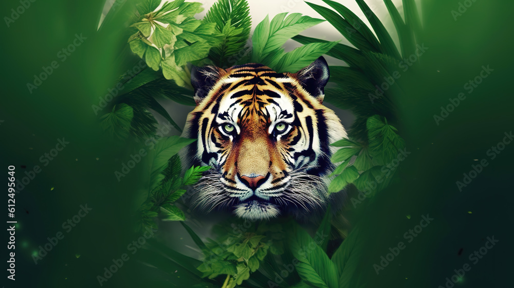 a cool tiger wallpaper in the forest, animal is hiding, ai generated image a cool tiger wallpaper in the forest, animal is hiding, ai generated image