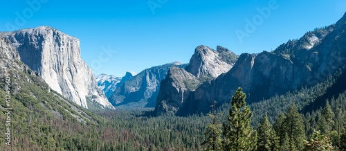Panoramic shot of the beautiful nature scene with the field of plants surrounded by rocky mountains © Burgie/Wirestock Creators