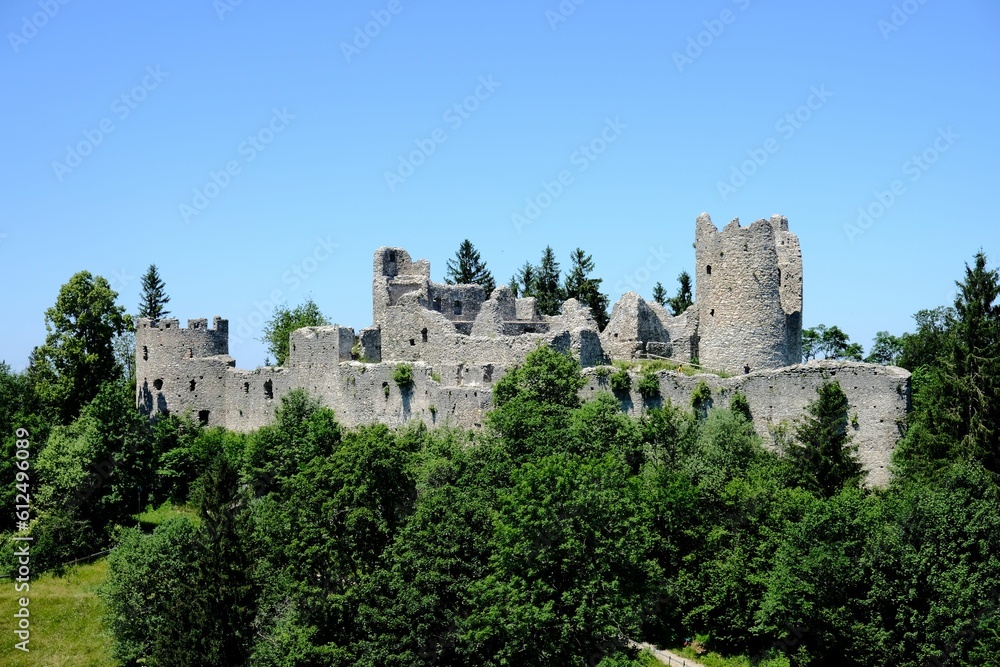 Ruins of the medieval Hohenfreyberg Castle in Eisenberg Germany against the sunny blue sky