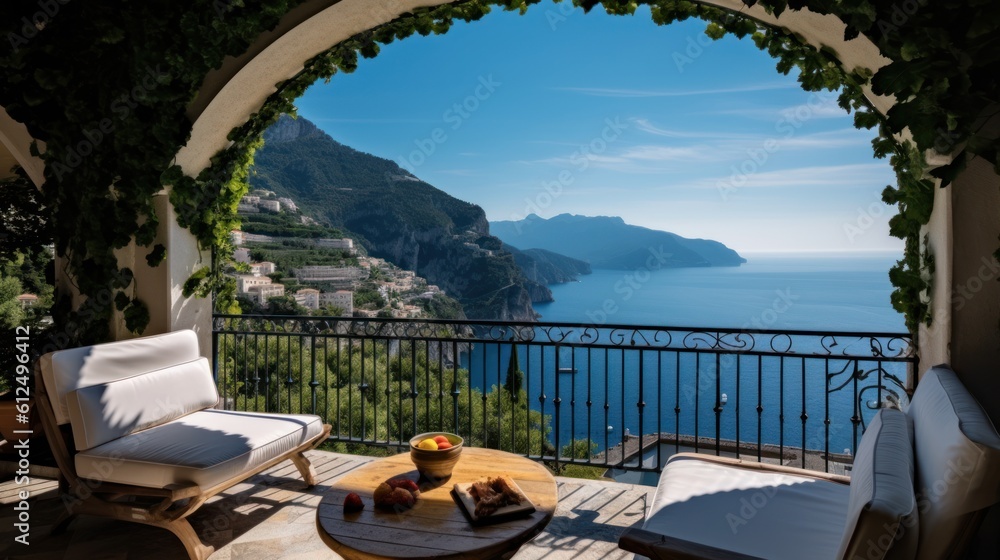 Fototapeta premium Luxurious villa nestled along the breathtaking Amalfi Coast of Italy, with panoramic views of the sparkling Mediterranean Sea and cliffside terraces